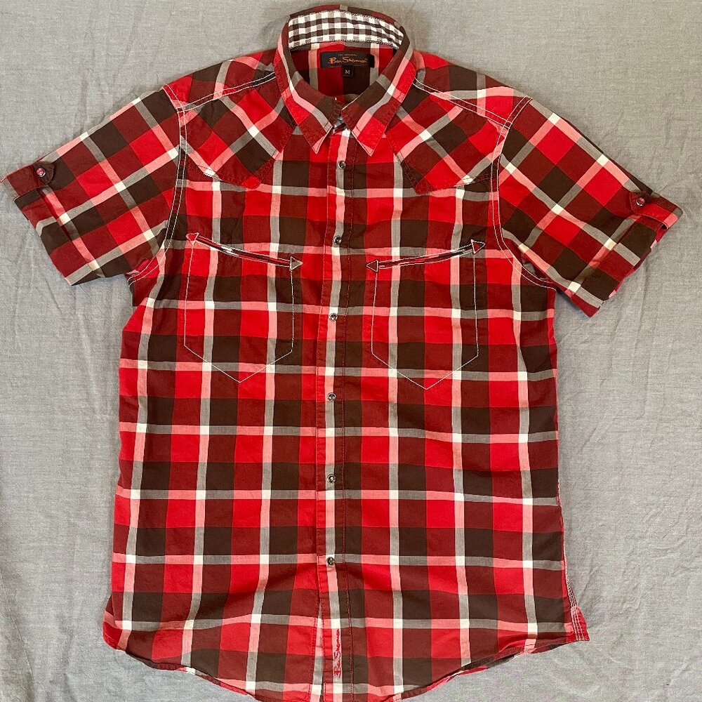Ben Sherman Men Medium, Red black white plaid, Western snap button, short sleeve